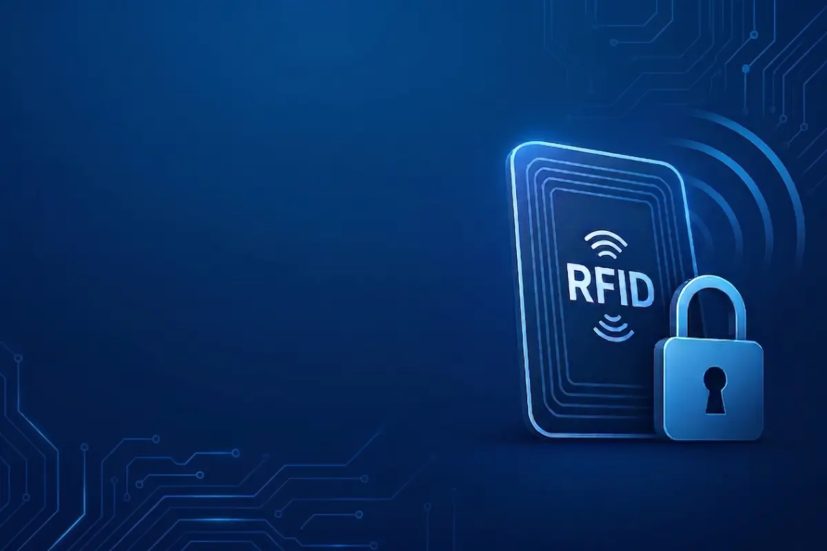 Glowing RFID authentication card next to a padlock icon on a dark blue circuit background for access control