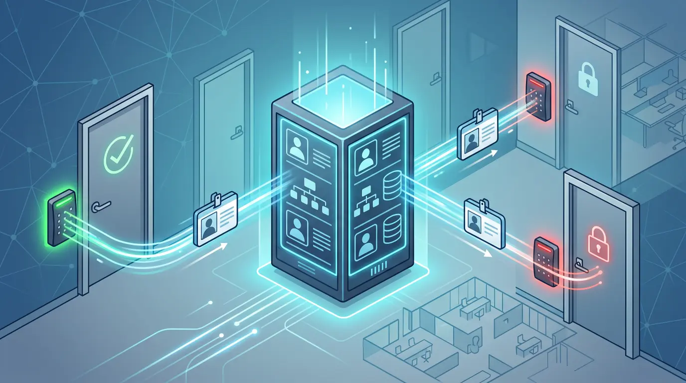 Isometric illustration of a central server connecting ID badges to door access readers across an office floor plan
