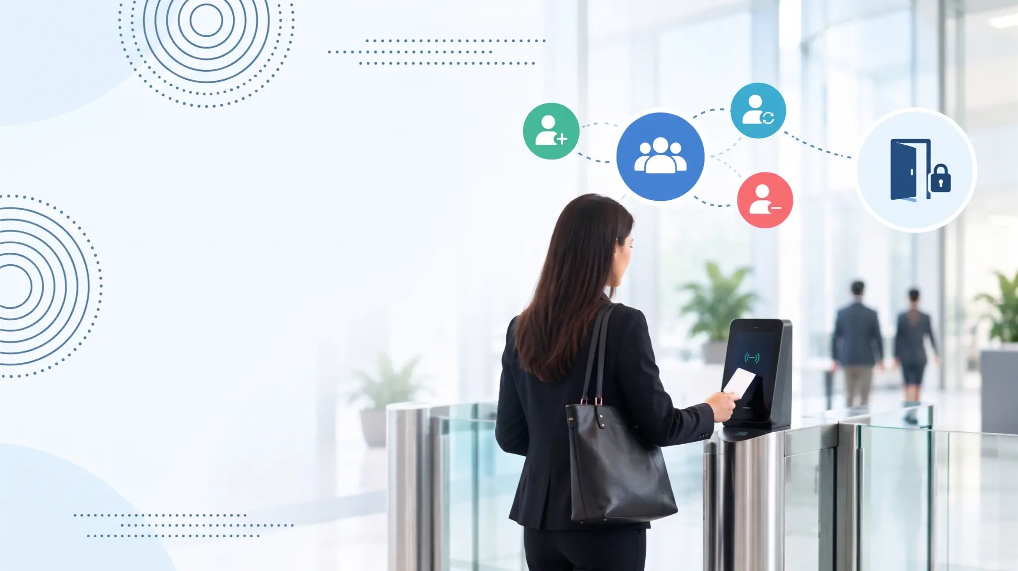 Woman using a contactless access card at a turnstile with user onboarding and offboarding icons